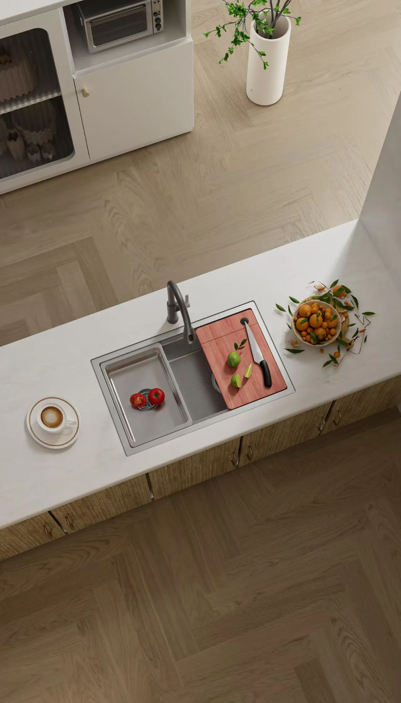 Corner kitchen sink with angled design in stainless steel, embedded in gray countertop with white cabinets, window with blinds, and wooden cutting board visible